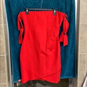 red fitted strapless dress with arm ties